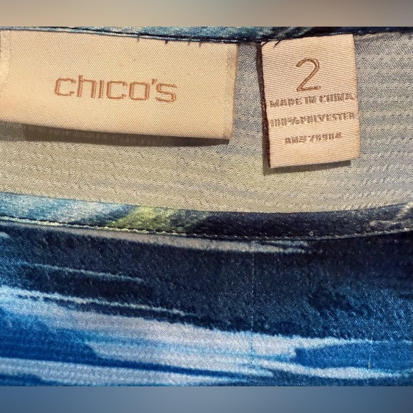 Chico’s Sz 2 Blue & Green Geographic Waterprint w/Dolman Sleeve,Coastal Grandma - Picture 3 of 7